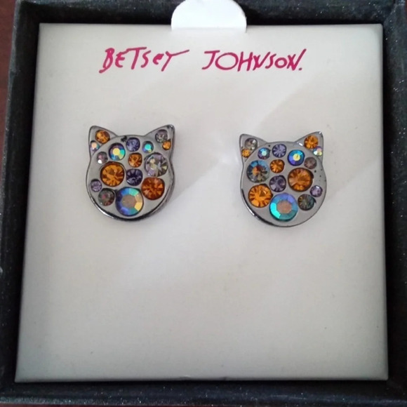 BETSEY JOHNSON SET Halloween Cat Head Crystals in Gunmetal Earrings Necklace NWT - Picture 10 of 13